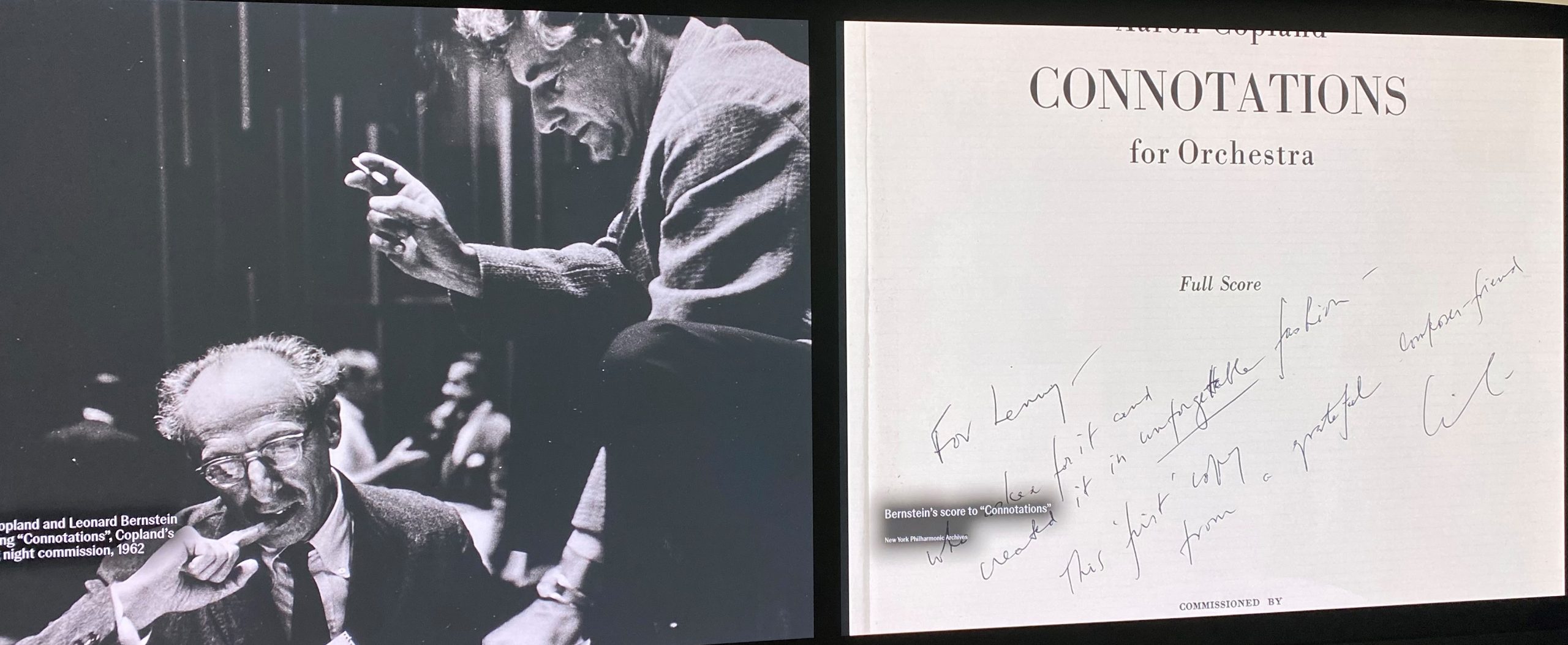 Picture montage of Aaron Copland listening to Leonard Bernstein with a score of Connotations for Orchestra