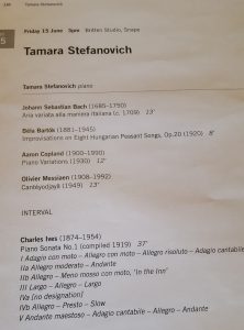 Programme page for Tamara Stefanovich concert at the Aldeburgh Festival which included Copland's Piano Variations. 