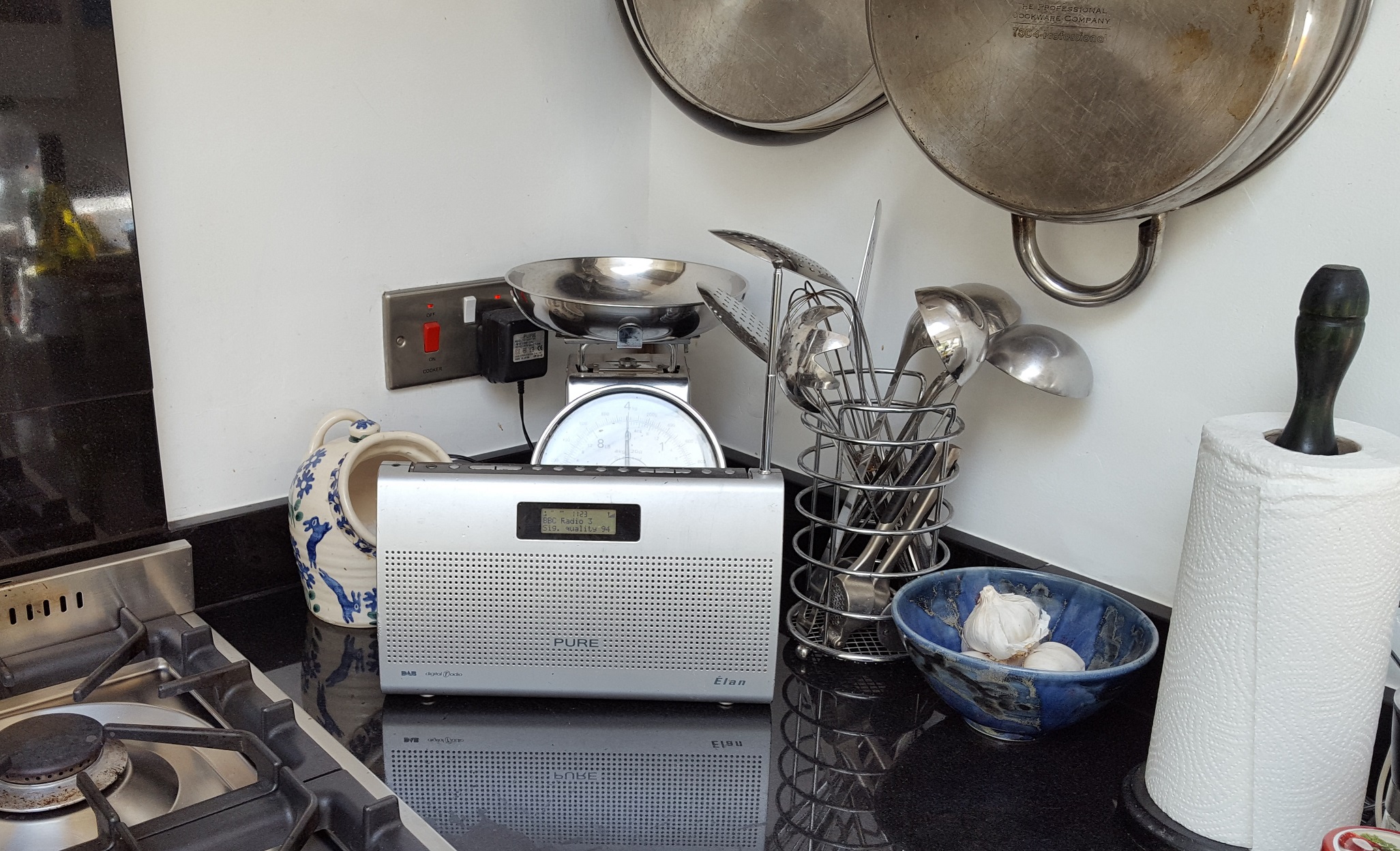 A radio in a kitchen