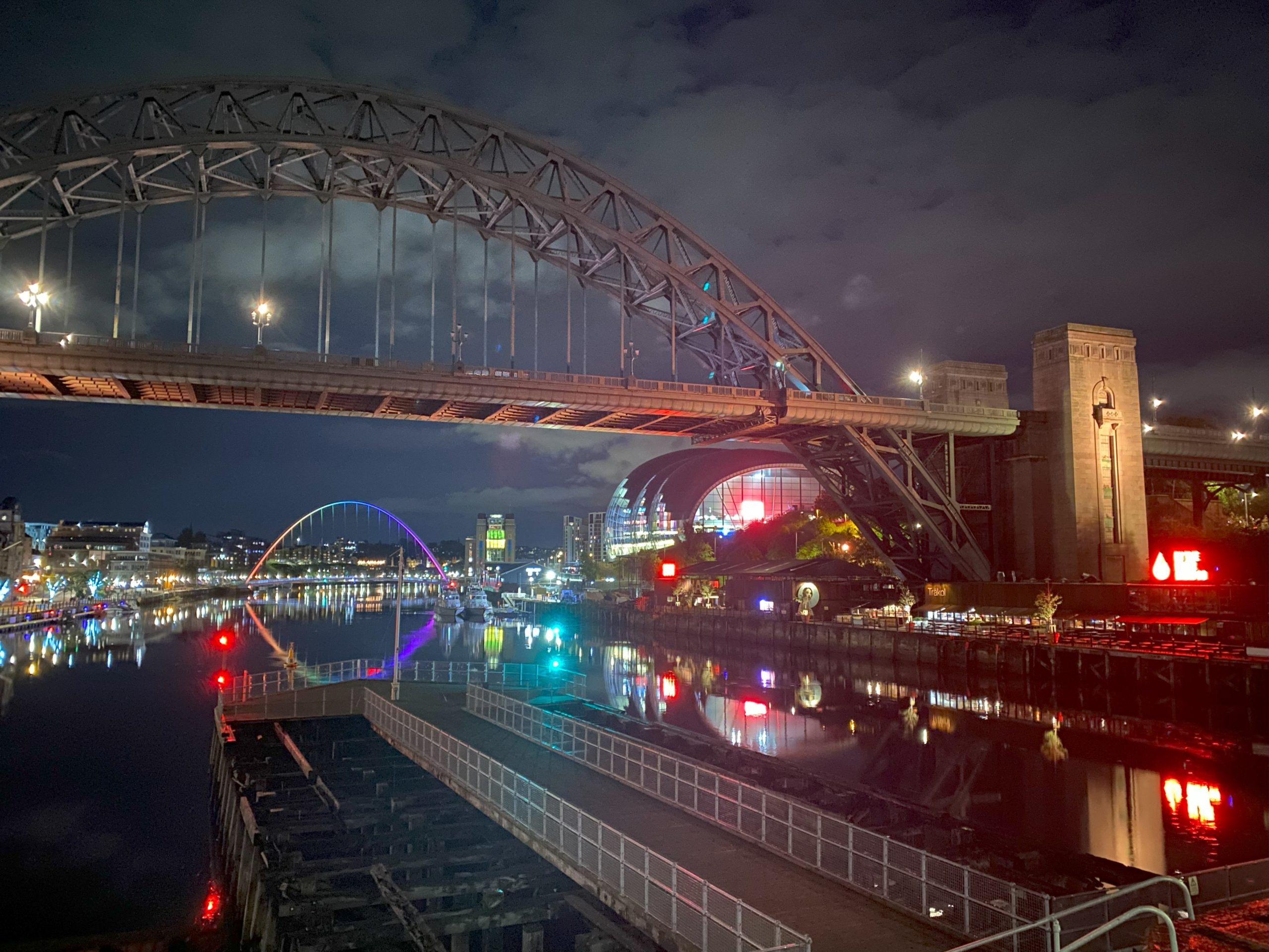 Newcastle cityscape showing bridges and the Glasshouse in Gateshead.