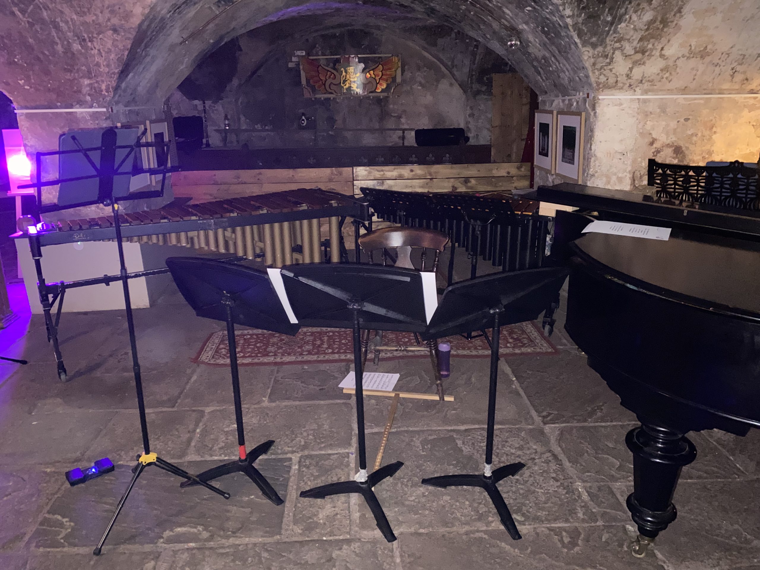 Instruments and music stands at the Crypt in The Mount Without, Bristol