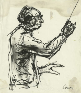 Line drawing of Aaron Copland conducting