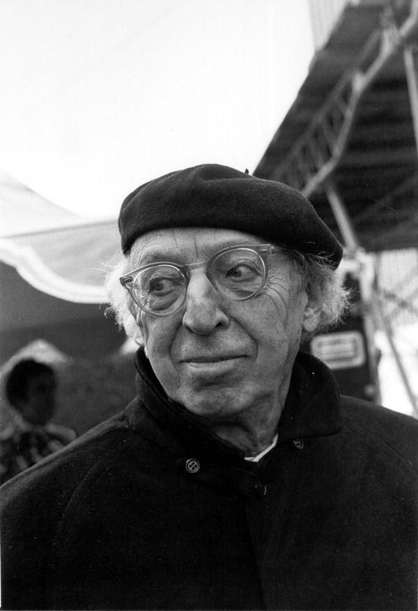 Aaron Copland wearing a beret and glasses in a black and white photo taken in 1981.