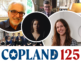 Copland 125 logo with peformers Allan Schiller, Jonathan Price, Liz Britton, the University of Bristol Singers and Elinor Cooper.