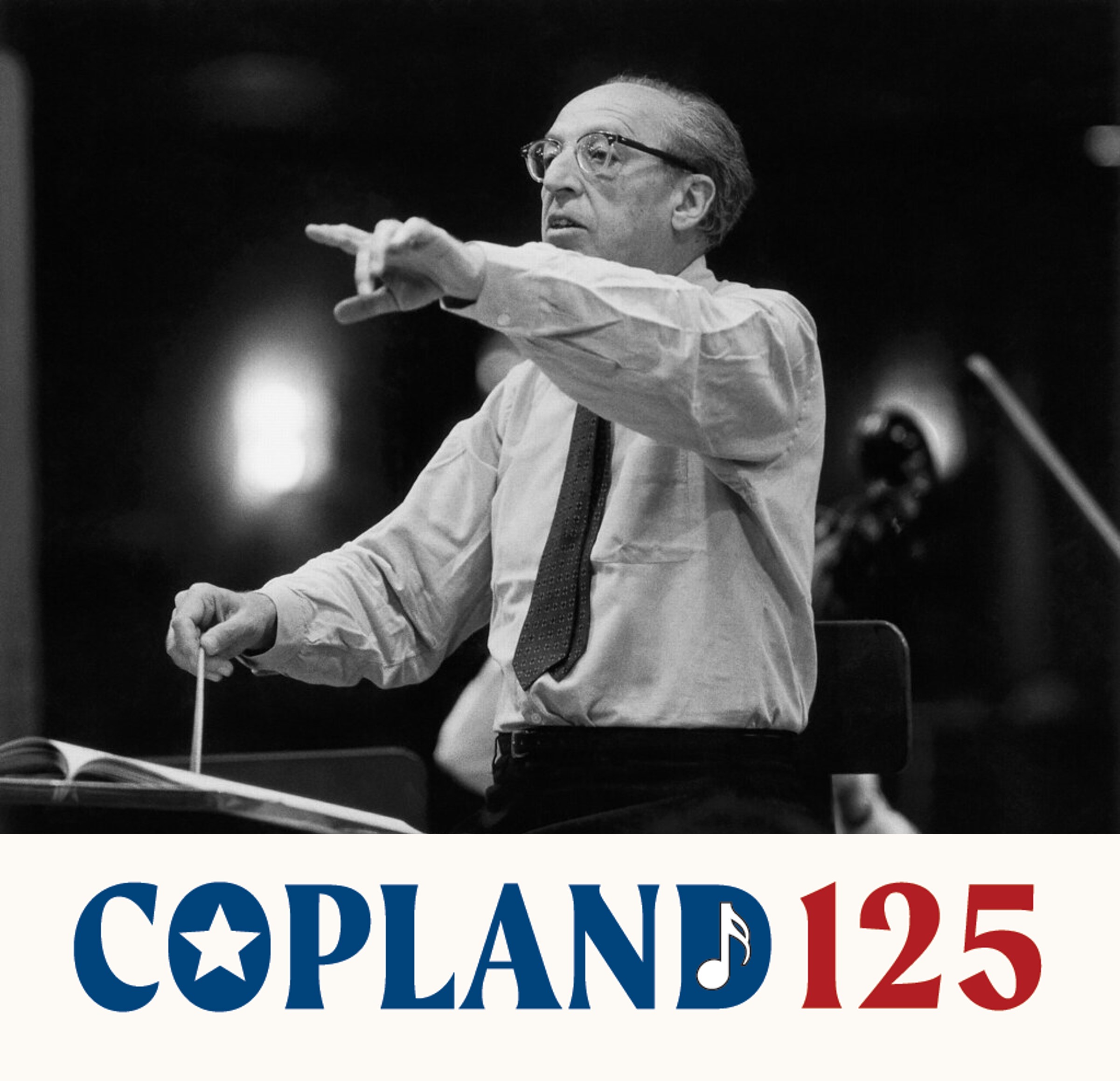 Copland 125 logo with Aaron Copland conducting. Copyright Sabatu